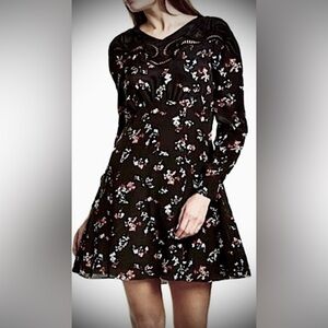 Tanya Taylor 100% silk lace dress floral print on black background color size 2